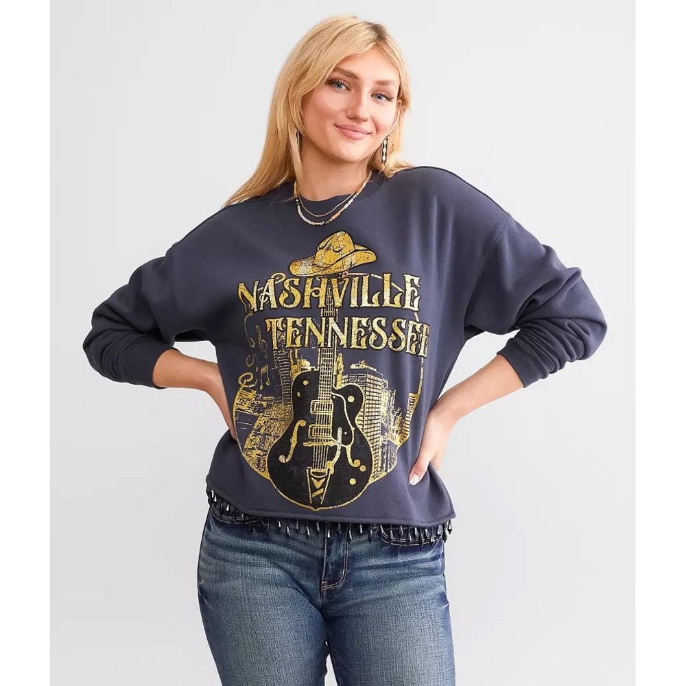 GOODIE TWO SLEEVES Nashville Oversized Sweatshirt Cowgirl w/ Beaded Fringe Small